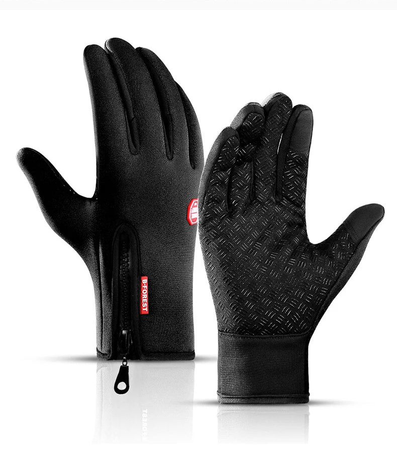 Black gloves with a red label on a white background